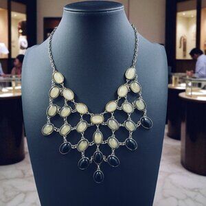 Vintage Inspired Bib Necklace Gold Tone Black Cream‎ Cabochon Statement Jewelry